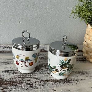 Royal Worcester Egg Coddlers Butterfly/ Berries  & Birds /Wren 2 Lg Vintage EVC